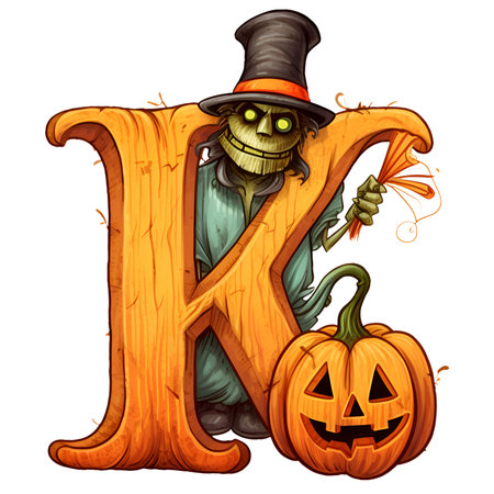 Halloween pumpkin letter K in cartoon style decoration separated on white backgroundの素材
