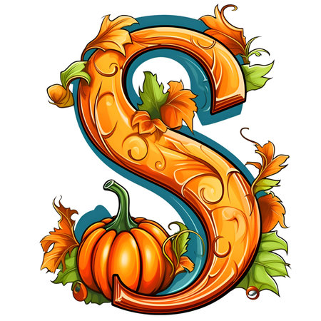 Halloween pumpkin letter S in cartoon style decoration separated on white backgroundの素材