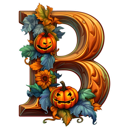 Halloween pumpkin letter B in cartoon style decoration separated on white backgroundの素材