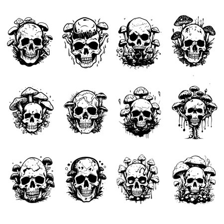 Set of skulls with different emotions. Vector illustration. Black and white.のイラスト素材