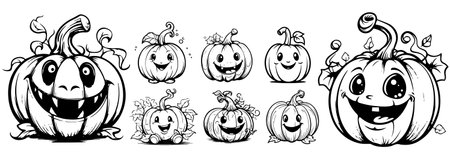 Black and White Cartoon Illustration of Funny Halloween Pumpkins Characters for Coloring Bookのイラスト素材