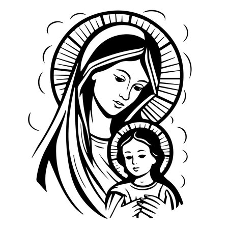 Nativity Scene - Virgin Mary with baby Jesus, vector illustration.のイラスト素材