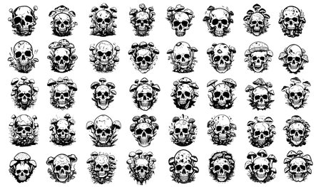Set of skulls. Hand drawn vector illustration. Isolated on white background.のイラスト素材