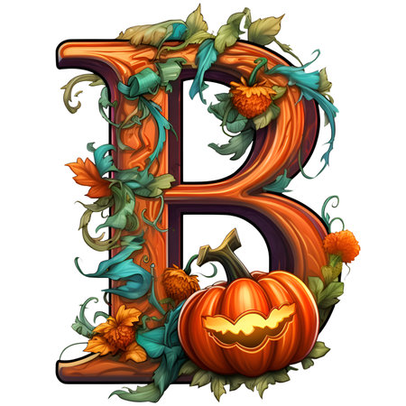 Font design for letter B with pumpkin and flowers. Halloween pumpkin letter in cartoon style decoration separated on white background.の素材