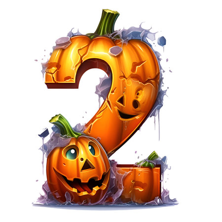 Font design for sign 2 with pumpkin and flowers. Halloween pumpkin number in cartoon style decoration separated on white background.の素材