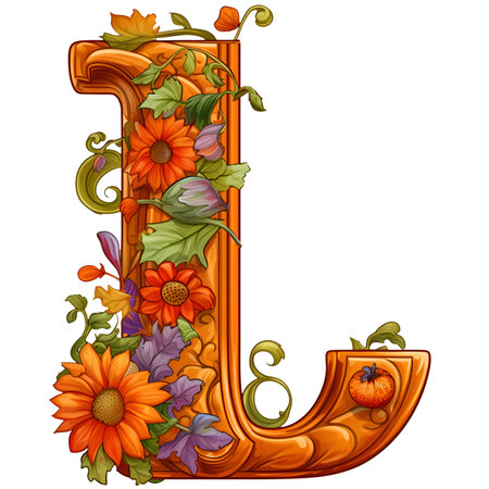 Font design for letter L with pumpkin and flowers. Halloween pumpkin letter in cartoon style decoration separated on white background.の素材