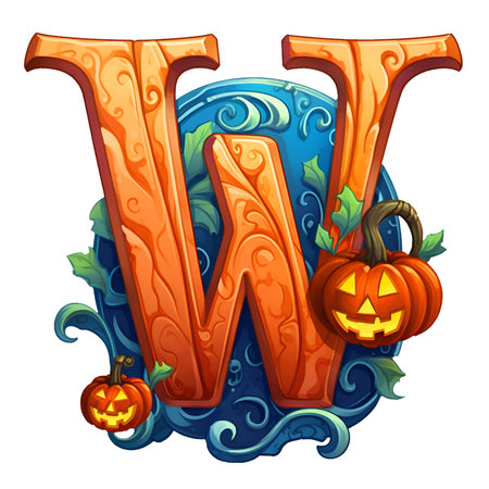 Font design for letter W with pumpkin and flowers. Halloween pumpkin letter in cartoon style decoration separated on white background.の素材