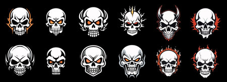 Skulls icons set. Simple set of skull vector icons for web design on black backgroundのイラスト素材