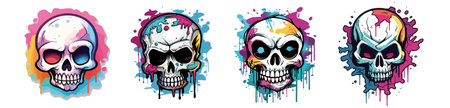 Skulls with colorful grunge splashes. Set of vector cartoon skulls.のイラスト素材