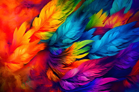 Colorful feathers background. Multicolored feather texture close up.の素材