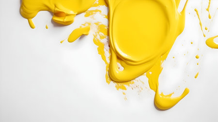 Yellow paint splashing isolated on white background. Top view with copy spaceの素材