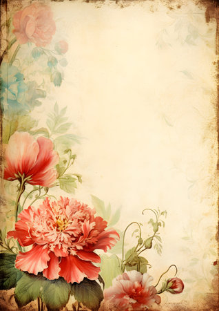 Grunge floral background with peony flowers on old paper textureの素材