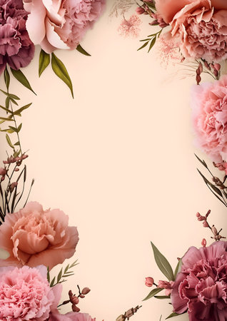 Flowers composition. Frame made of pink carnation flowers and leaves on pastel background. Flat lay, top view, copy spaceの素材
