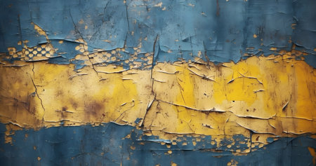 Old painted metal wall with blue and yellow paint. Grunge backgroundの素材
