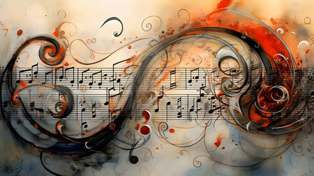 Digital illustration of music notes in color background with vignette.の素材