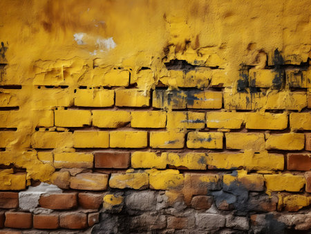 Texture of old rustic brick wall covered with yellow stuccoの素材
