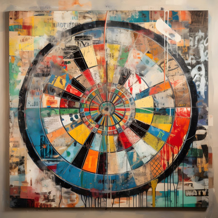 Dartboard painted with oil paints on a wall in an art galleryの素材