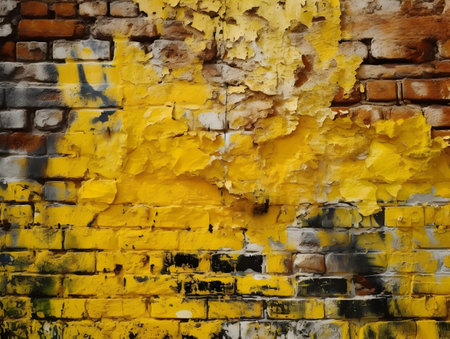 Old brick wall with peeling yellow paint. Abstract background for design.の素材