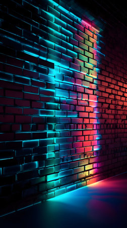 Neon light on brick wall background. 3d render illustration.の素材