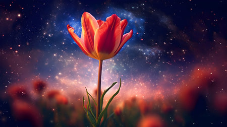 Tulip flower on a background of the night sky with starsの素材
