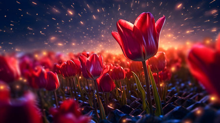 Tulip field in the light of the setting sun. 3d renderingの素材