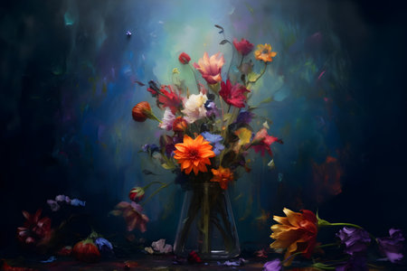 Still life with a bouquet of wildflowers in a vase on a dark backgroundの素材