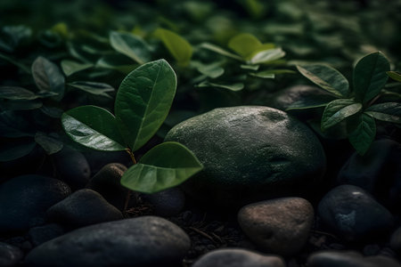 Green leaf and stone in the garden. Nature background. Toned.の素材