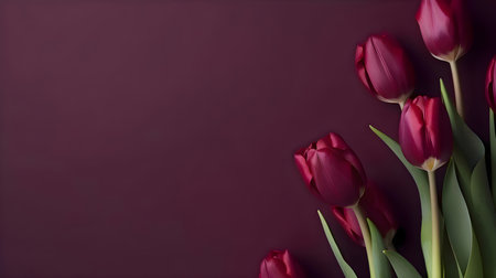 Bouquet of tulips on a dark red background. Place for text.の素材