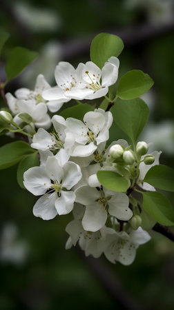 Branch of a blossoming apple tree with white flowers in springの素材