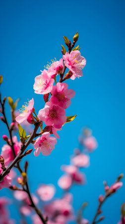 cherry blossom in spring, pink sakura flowers on blue sky backgroundの素材
