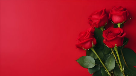 Red roses on red background with copy space. Valentines day conceptの素材