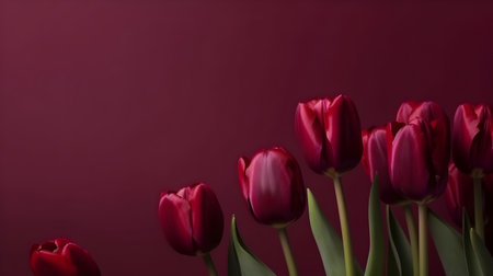 Tulips on a red background. Place for your text.の素材