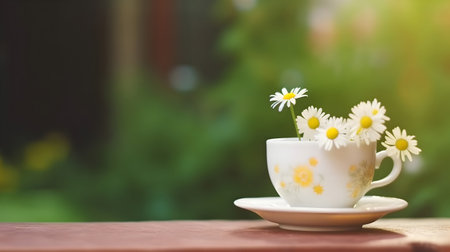 White cup with chamomile flowers on wooden table in gardenの素材