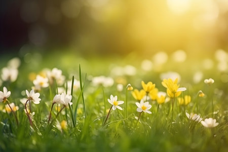 Spring flowers on the meadow with sunbeams. Spring backgroundの素材