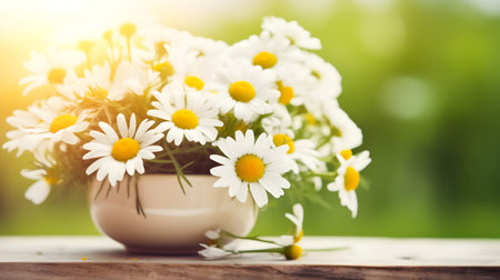 Bouquet of daisies in a vase on a wooden tableの素材