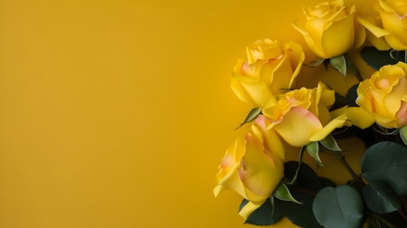 Bouquet of yellow roses on a yellow background with copy spaceの素材