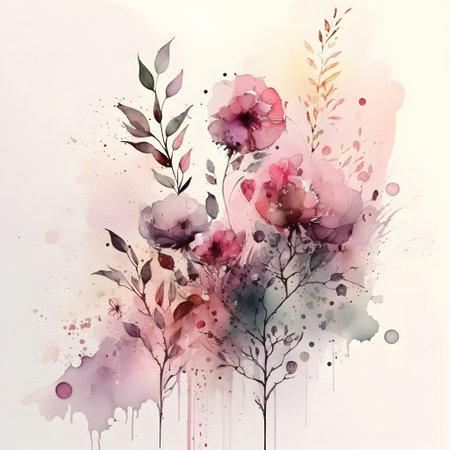 Abstract watercolor background with flowers and leaves. Hand-drawn illustration.の素材