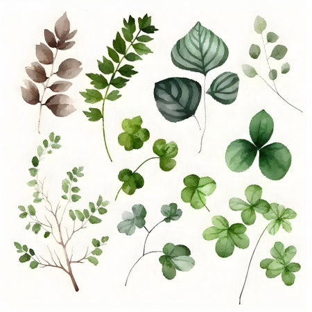 Watercolor set of leaves and branches.の素材