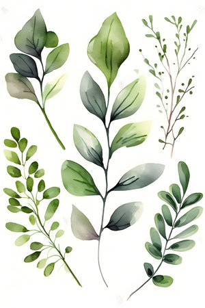 Set of watercolor branches with leaves. Hand painted illustration.の素材