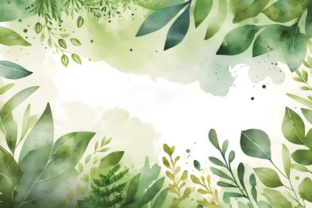 Watercolor floral background with green leaves and branches.の素材
