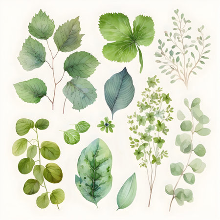 Watercolor set of eucalyptus leaves and branches.の素材
