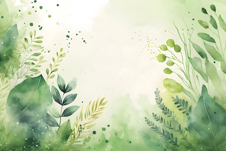 Watercolor background with green leaves and plants. Hand drawn illustration.の素材