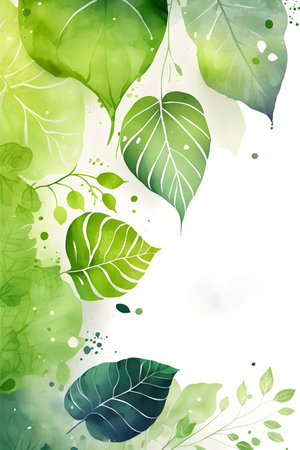Watercolor background with green leaves and splashes.の素材
