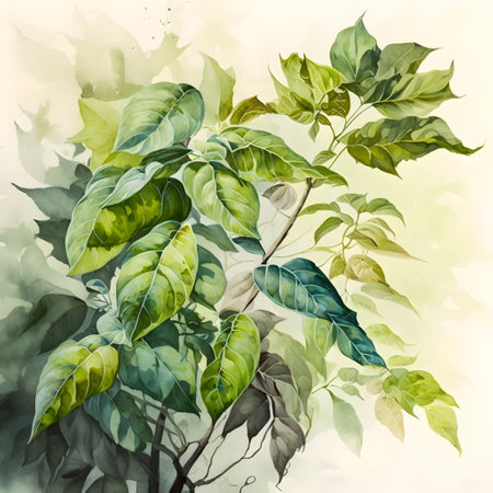 Watercolor painting of green tropical leaves on a white background. Hand-drawn illustration.の素材