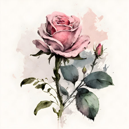 Hand drawn watercolor rose on grunge background.の素材