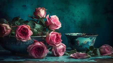 Still life with roses and bowl of granola on blue backgroundの素材