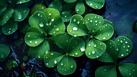 Water droplets on green leaves, close-up. Nature backgroundの素材