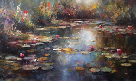 Water lilies in the pond. Oil painting on canvas.の素材
