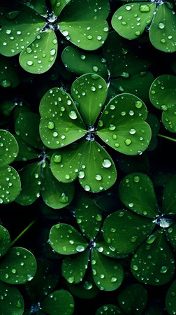 Water drops on green clover leaves. Natural background with water drops.の素材