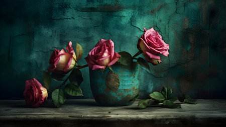 Still life with roses in vase on wooden table over grunge backgroundの素材